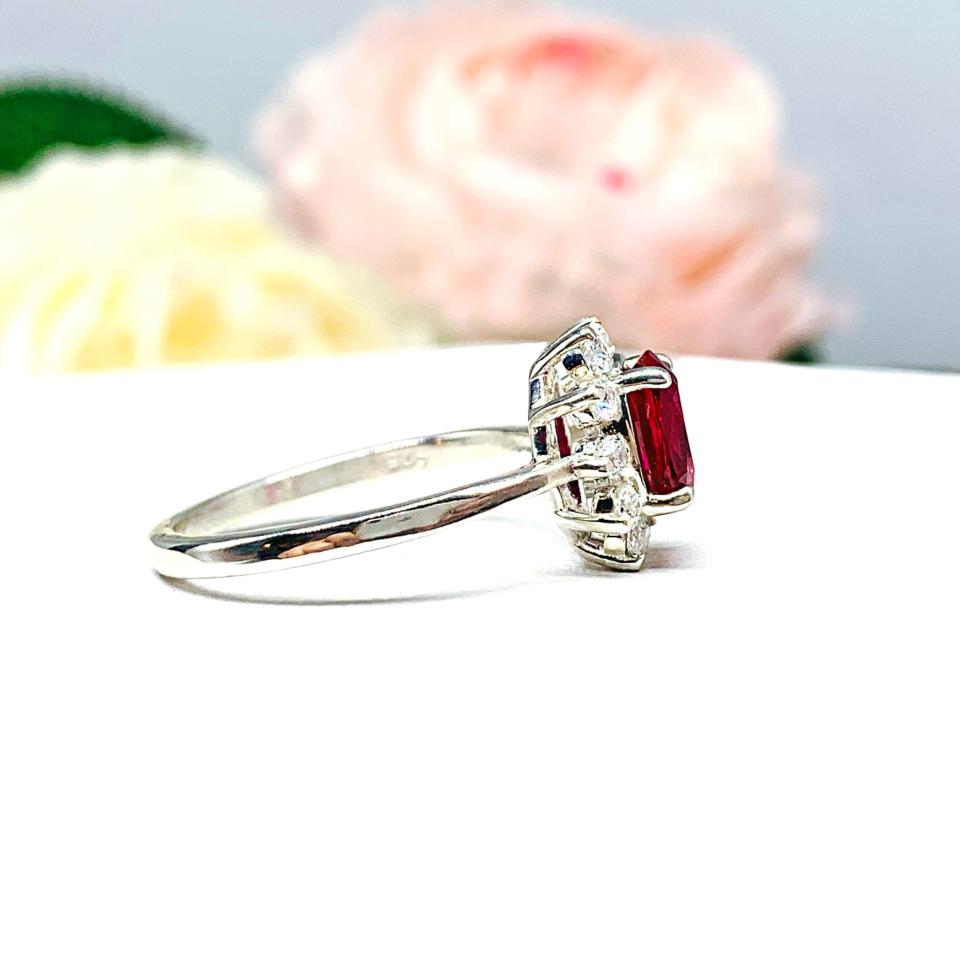 Lab Ruby 9x7mm Oval CZ Halo Sterling Silver Ring Size 7