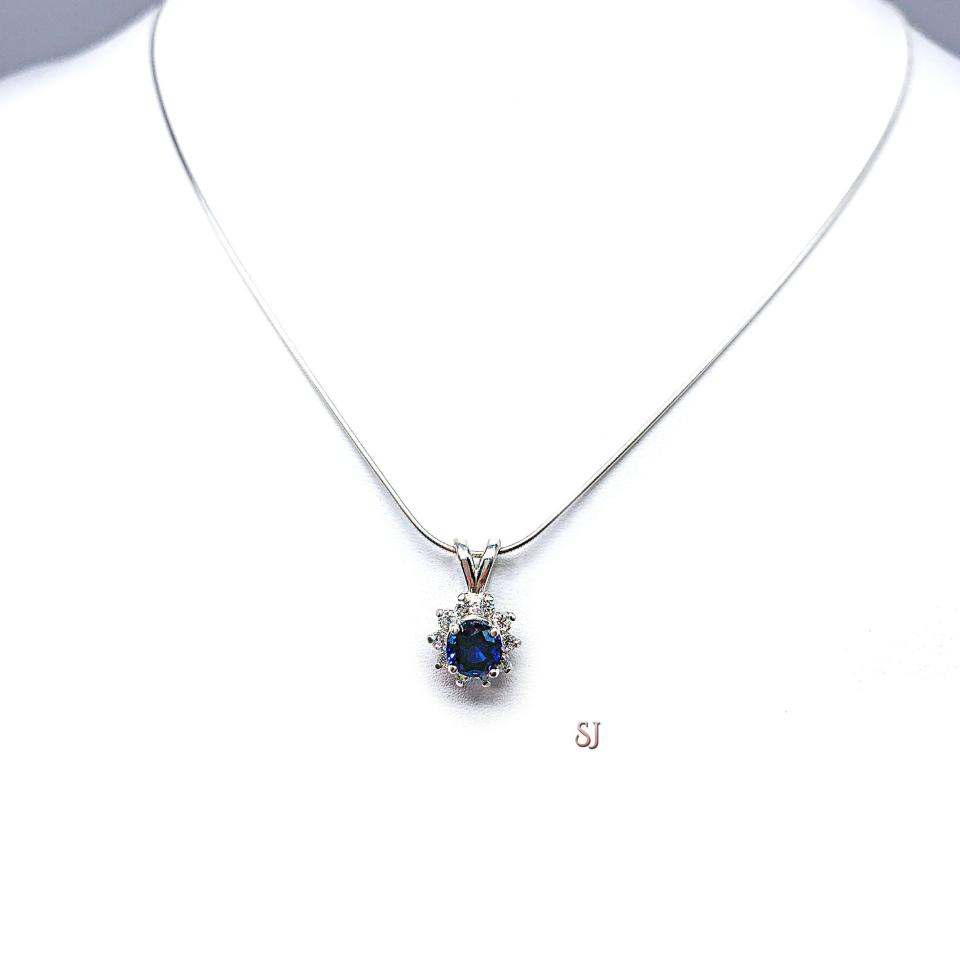 Lab Blue Sapphire CZ Halo Pendant Sterling Silver Necklace Round Sapphire Cubic Zirconia Accents