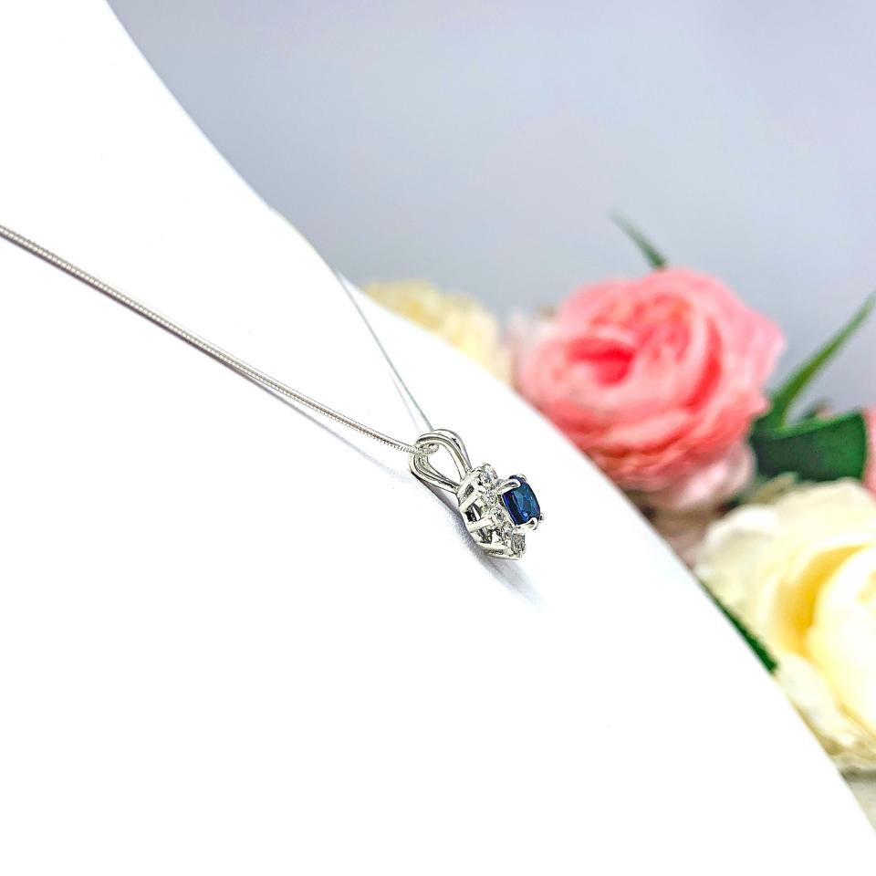 Lab Blue Sapphire CZ Halo Pendant Sterling Silver Necklace Round Sapphire Cubic Zirconia Accents