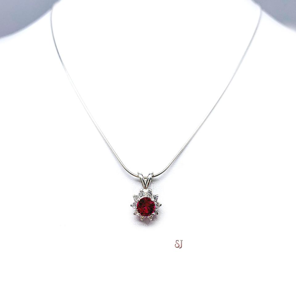 Lab Ruby CZ Halo Pendant Sterling Silver Necklace Round Ruby Cubic Zirconia Accents