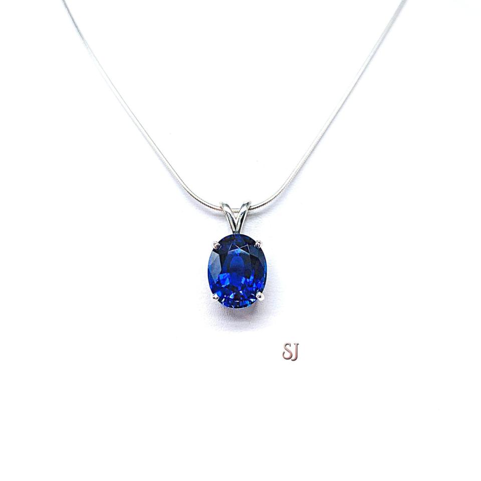 Lab Blue Sapphire Oval Pendant Sterling Silver Necklace September Birthstone