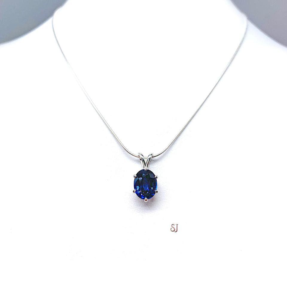 Lab Blue Sapphire Oval Pendant Sterling Silver Necklace Six Prong September Birthstone