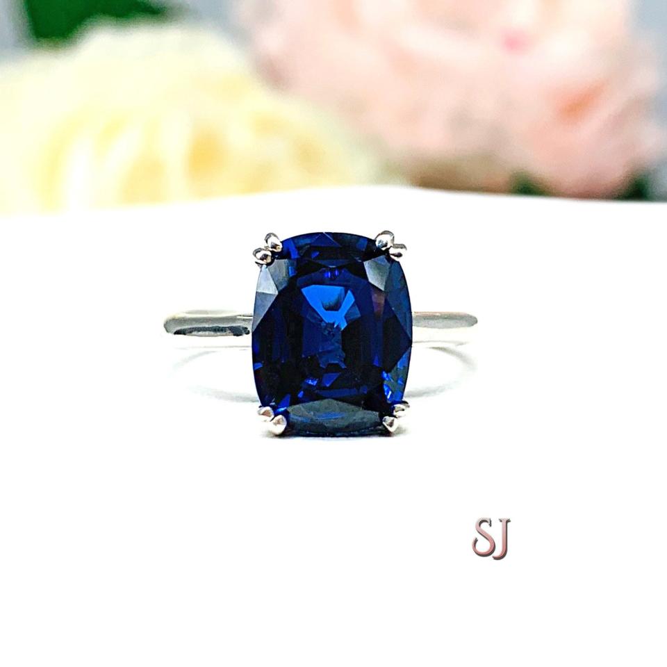 Lab Blue Sapphire 10x8mm Elongated Cushion Ring