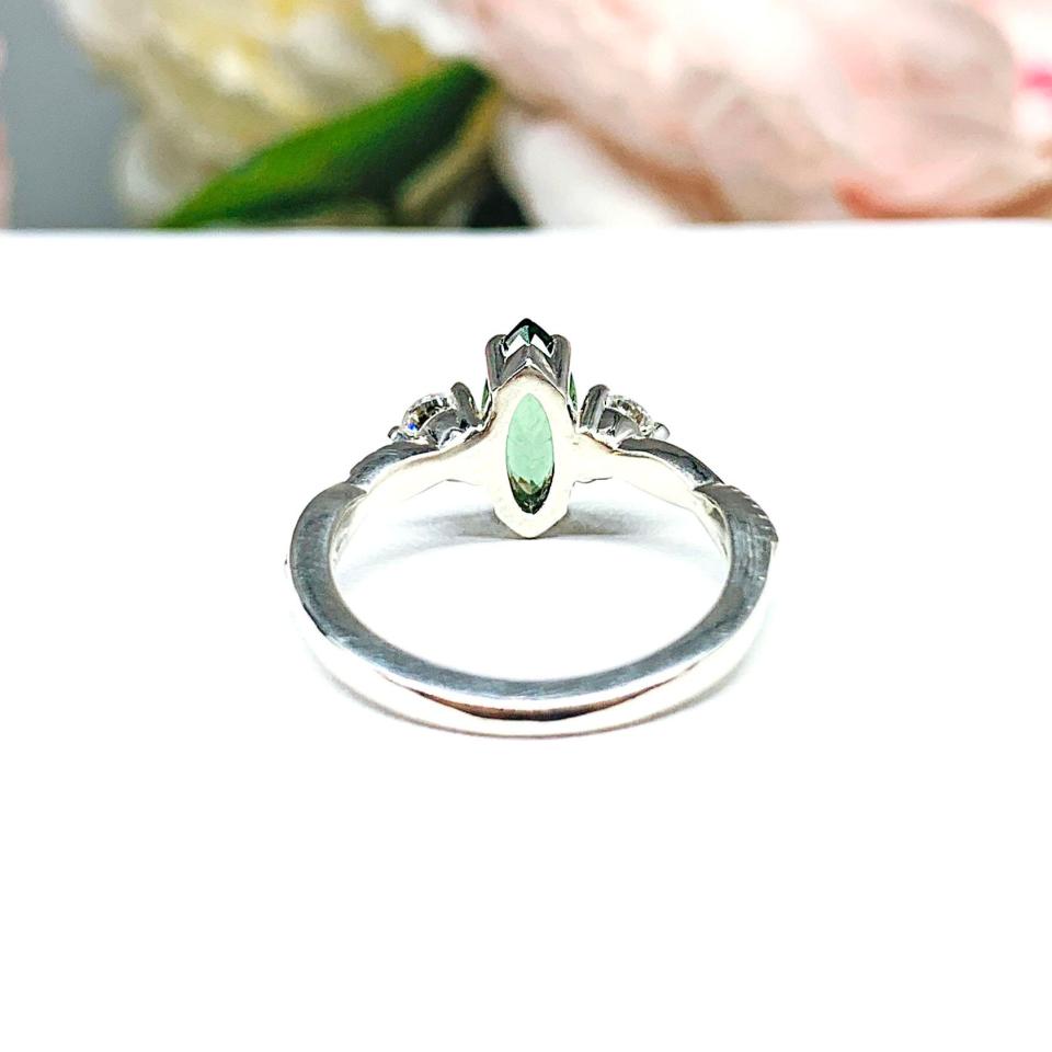 Green Tourmaline Marquise Ring Size 6 - Moissanite side stones - Twist milgrain sterling silver setting