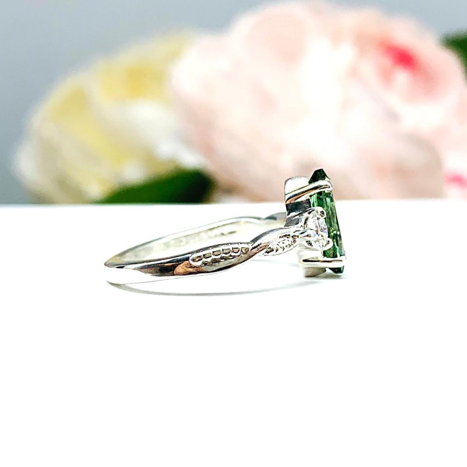 Green Tourmaline Marquise Ring Size 6 - Moissanite side stones - Twist milgrain sterling silver setting