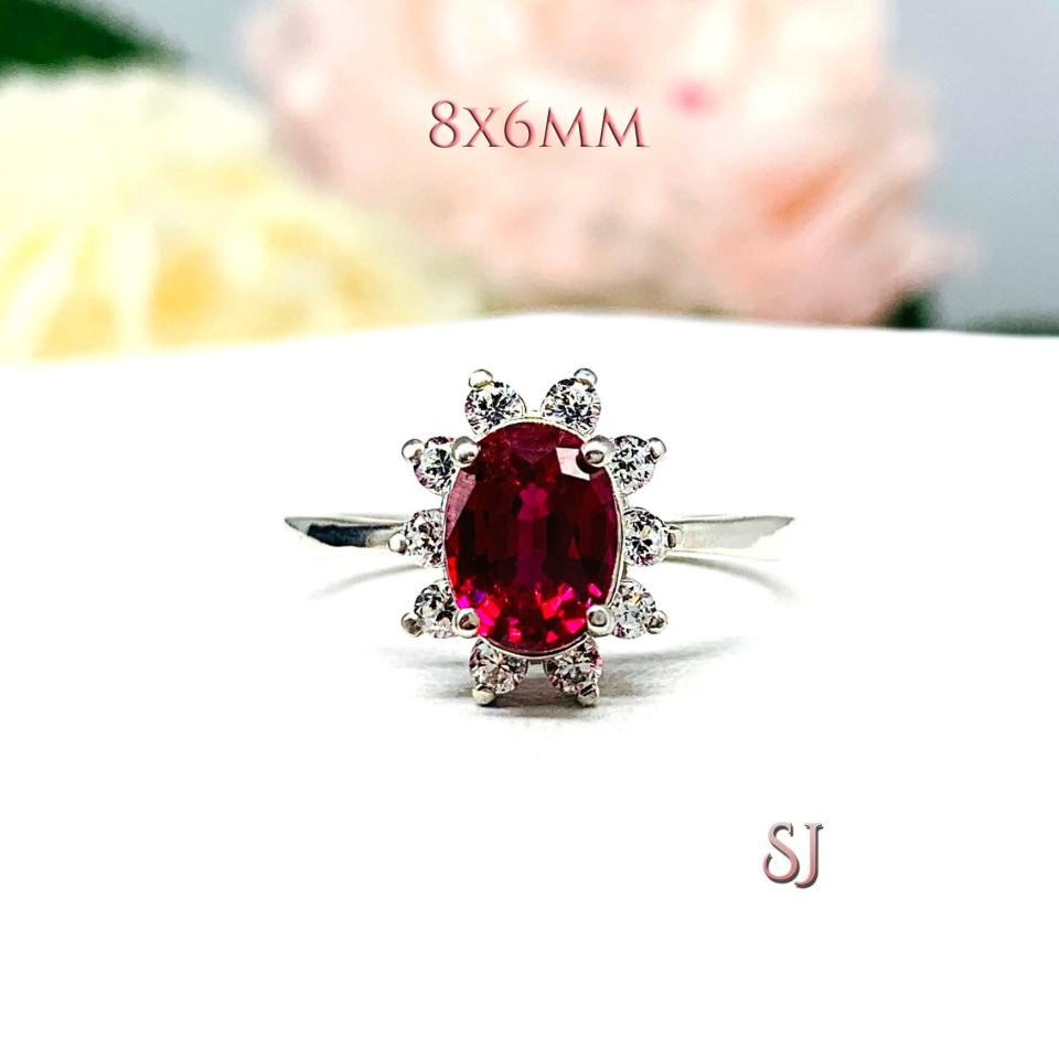 Lab Ruby 9x7mm Oval CZ Halo Sterling Silver Ring Size 7