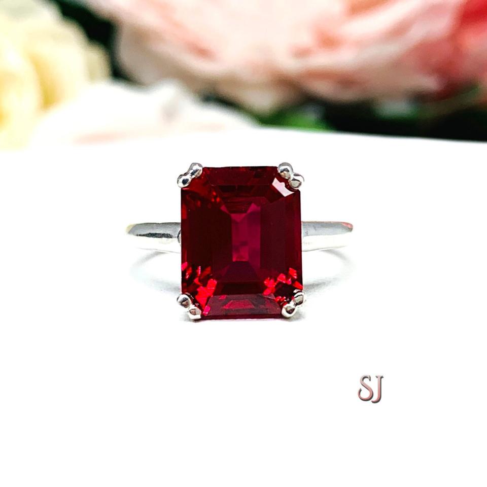 Lab Created Ruby Emerald Cut Ring Sterling Silver Double Prong