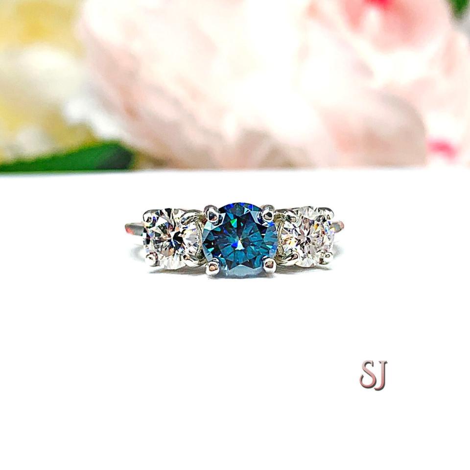 London Blue Moissanite 3 Stone Ring Size 6 -  Authentic moissanites - Sterling silver setting