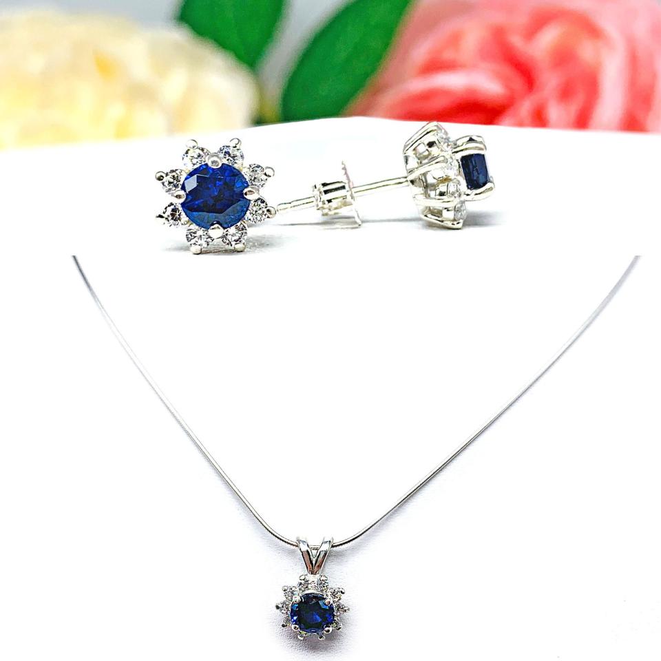 Lab Blue Sapphire CZ Halo Pendant Sterling Silver Necklace Round Sapphire Cubic Zirconia Accents