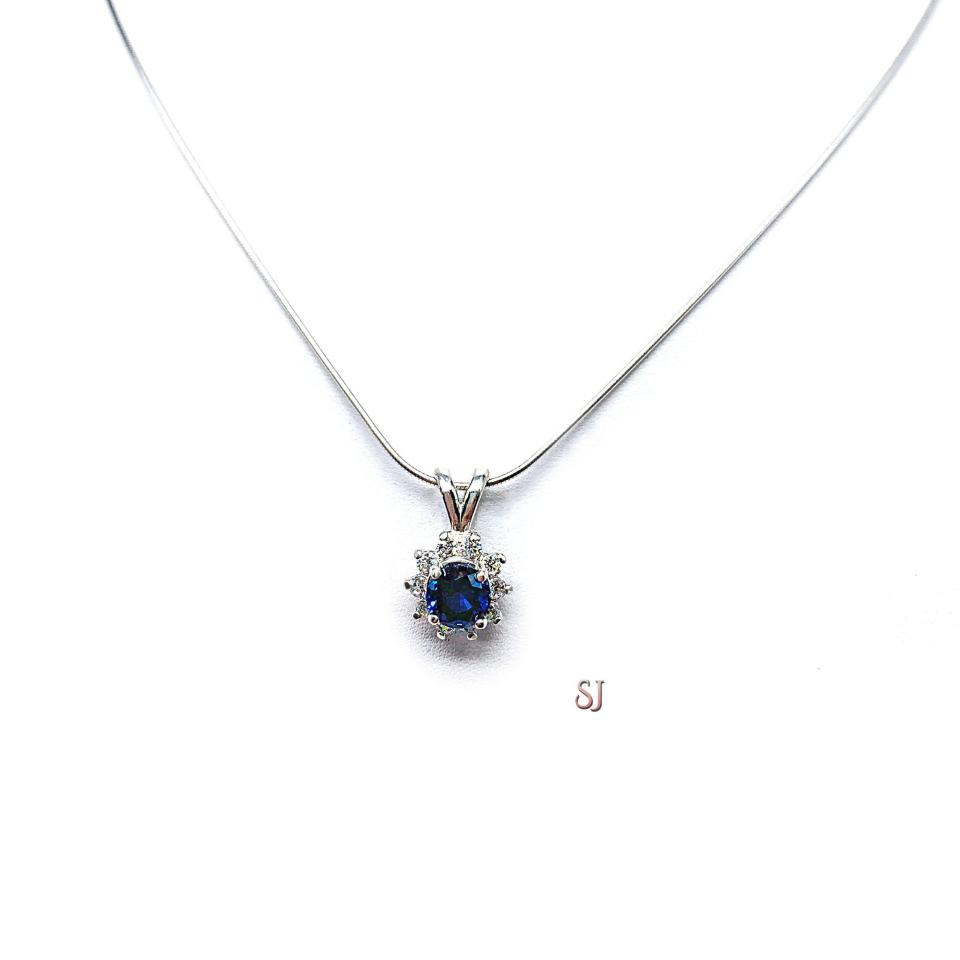 Lab Blue Sapphire CZ Halo Pendant Sterling Silver Necklace Round Sapphire Cubic Zirconia Accents