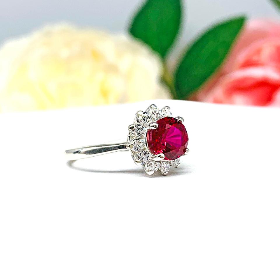 Round Lab Created Ruby CZ Halo Ring Sterling Silver