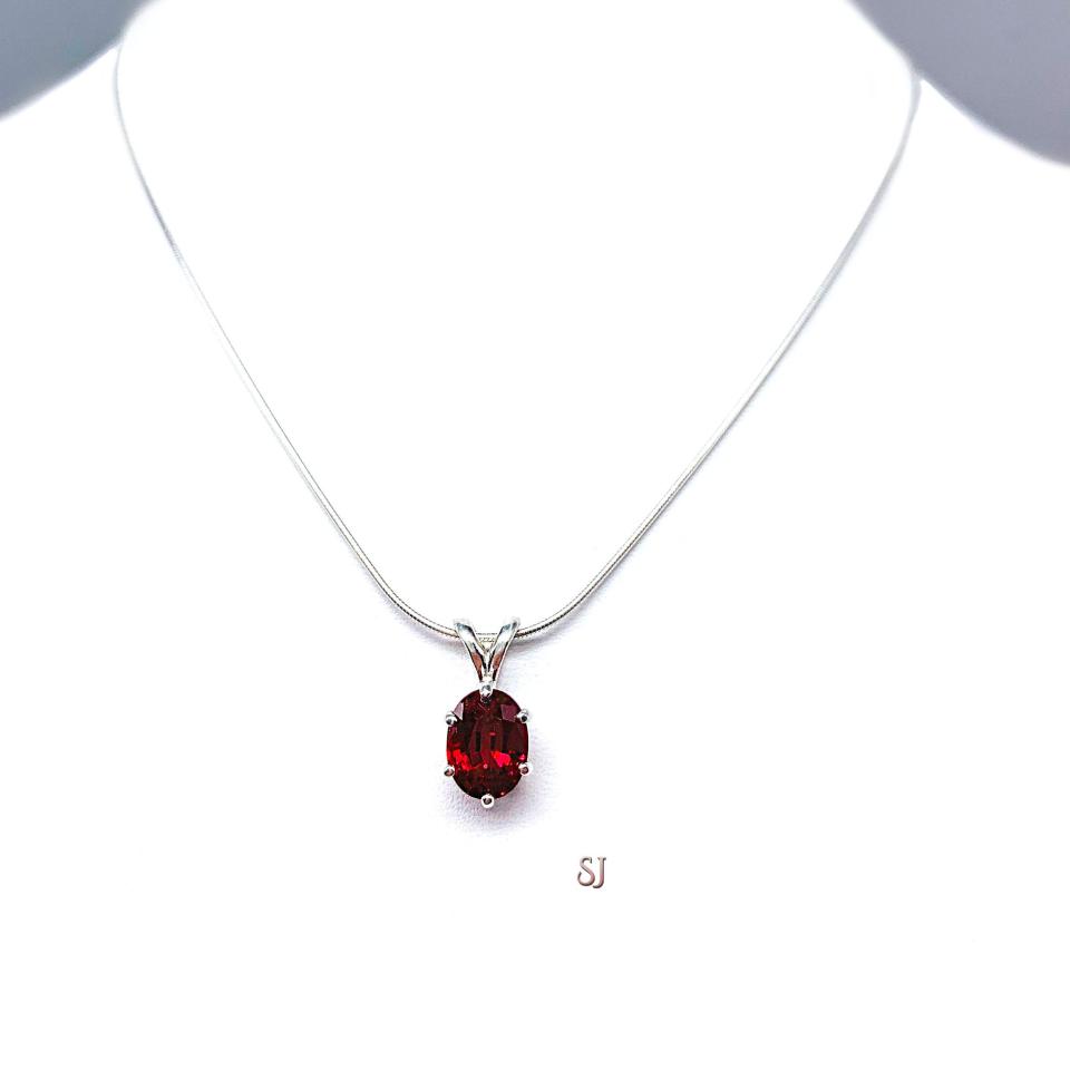 Lab Ruby Oval Pendant Sterling Silver Necklace July Birthstone Six Prong