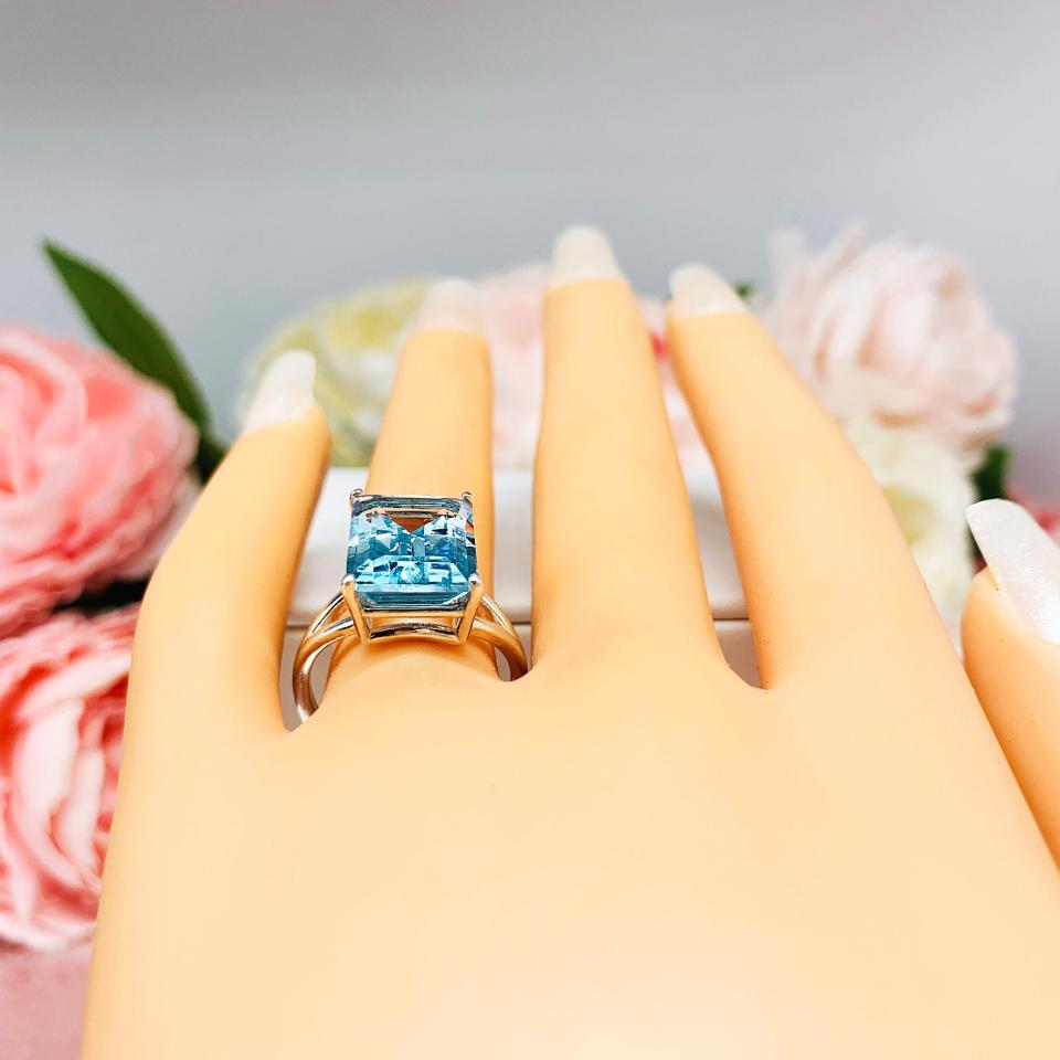 Sky Blue Topaz Emerald Cut Solitaire Ring Size 8 - Genuine 14x10mm (8 cts) gemstone - Sterling Silver split shank statement setting