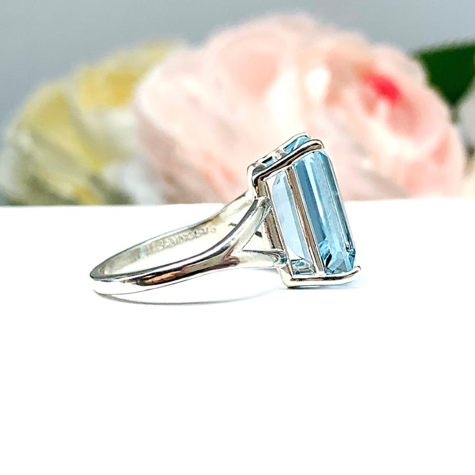 Sky Blue Topaz Emerald Cut Solitaire Ring Size 8 - Genuine 14x10mm (8 cts) gemstone - Sterling Silver split shank statement setting