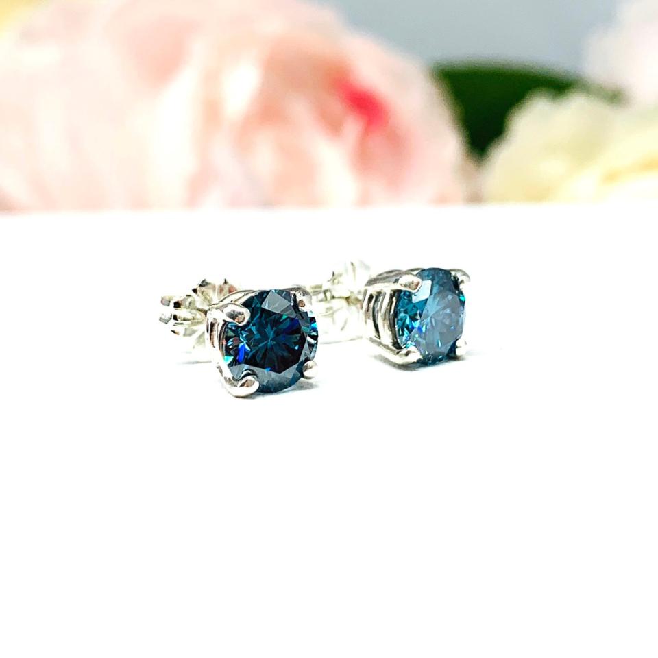 London Blue Moissanite Stud Earrings - Round authentic moissanite - Sterling silver settings