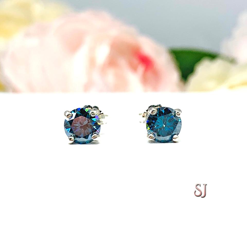 London Blue Moissanite Stud Earrings - Round authentic moissanite - Sterling silver settings