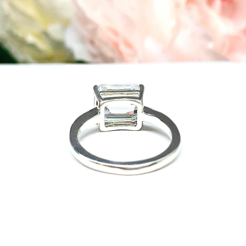 Elongated Asscher CZ Engagement Ring East West Horizontal 10x8mm Near Colorless CZ Size 6