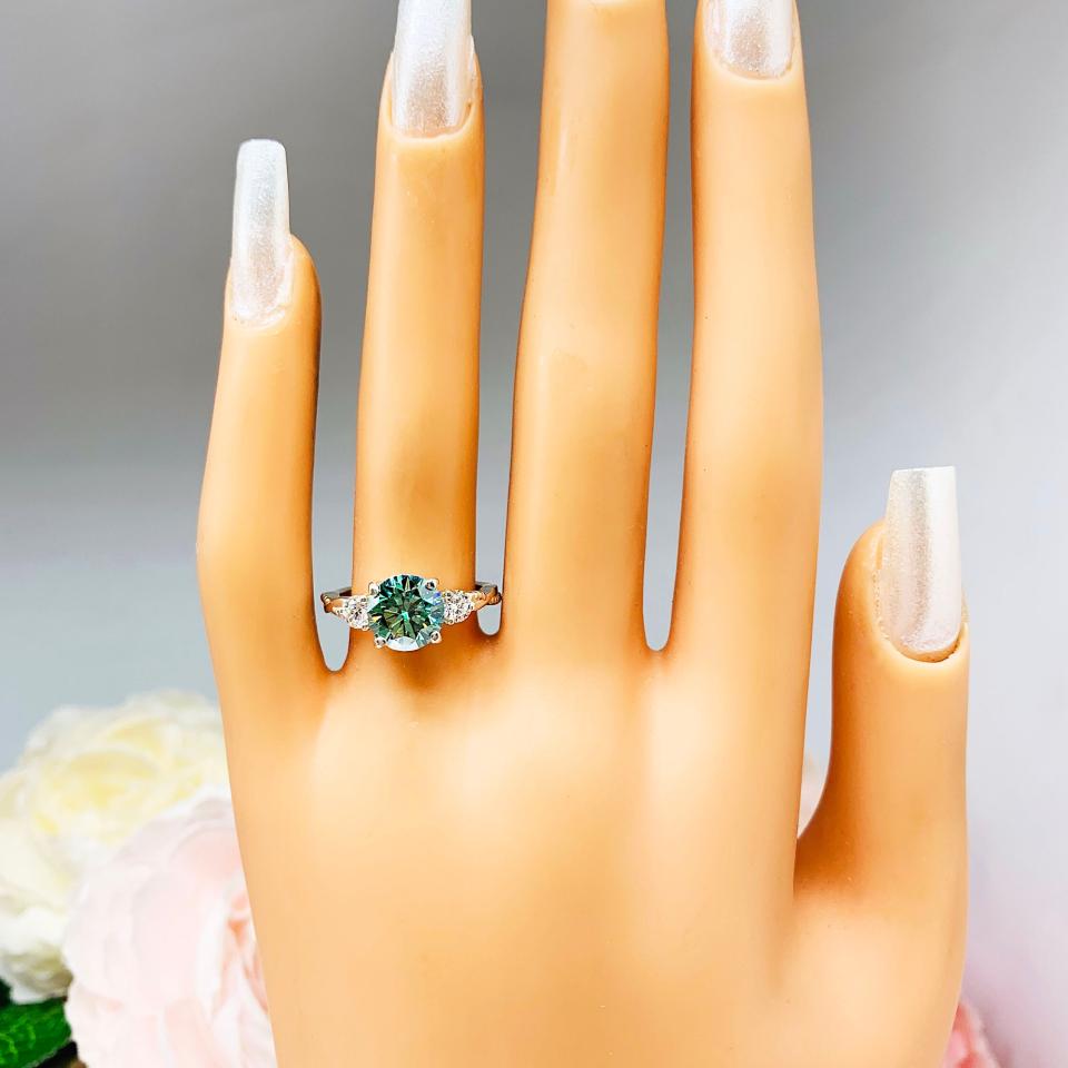 Green Moissanite 3 Stone Sterling Silver Ring - Milgrain twist band