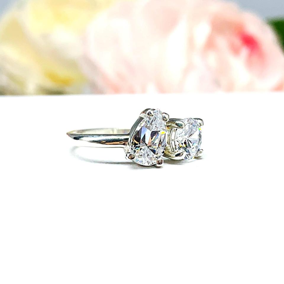 Round Pear CZ 2 Stone Engagement Ring Toi Et Moi You and Me