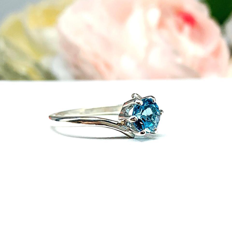 Genuine Swiss Blue Topaz Solitaire Ring - 6mm round gemstone - 6 prong sterling silver bypass setting