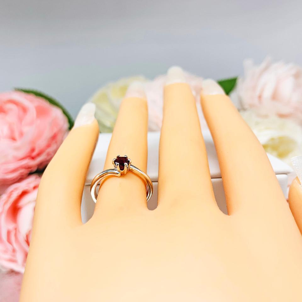 Round Natural Rhodolite Garnet Ring Size 5 -  4mm round gemstone - Sterling silver bypass setting -  January birthstone