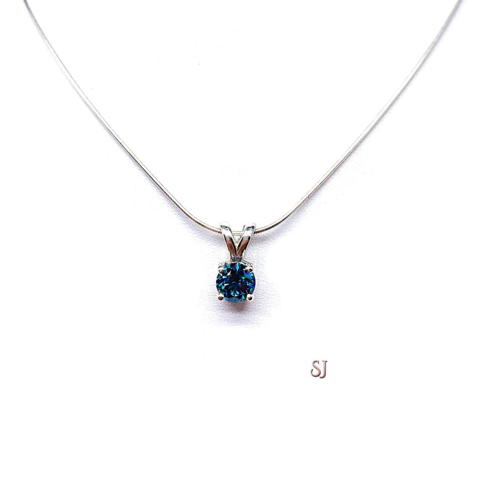 London Blue Moissanite Pendant Necklace - Round authentic moissanite - Sterling silver setting
