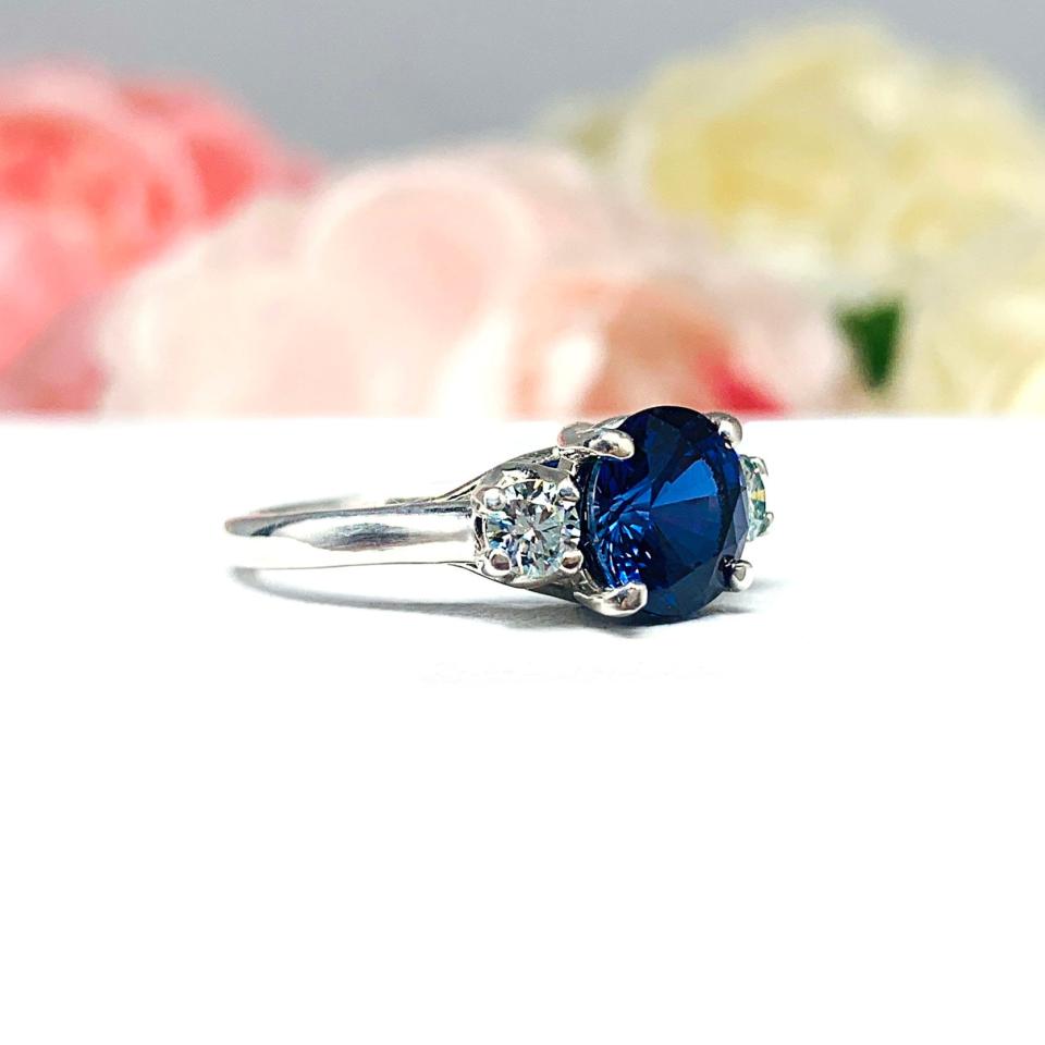 Lab Blue Sapphire Blue Moissanite 3 Stone Engagement Ring Sterling Silver Authentic
