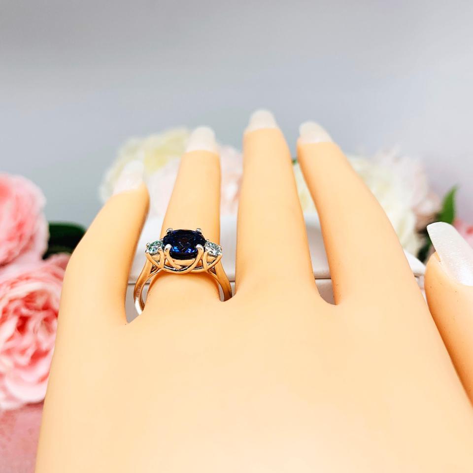 Lab Blue Sapphire Blue Moissanite 3 Stone Engagement Ring Sterling Silver Authentic