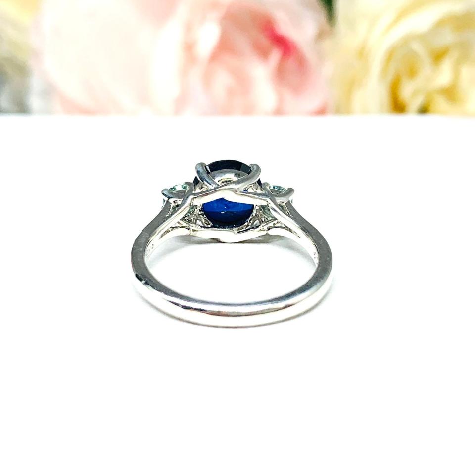 Lab Blue Sapphire Blue Moissanite 3 Stone Engagement Ring Sterling Silver Authentic