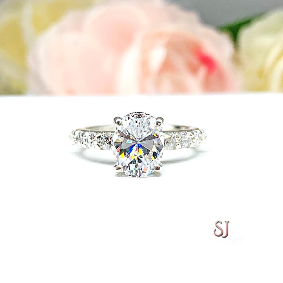 Oval CZ Pave Sterling Silver Engagement Ring Optional Matching Band
