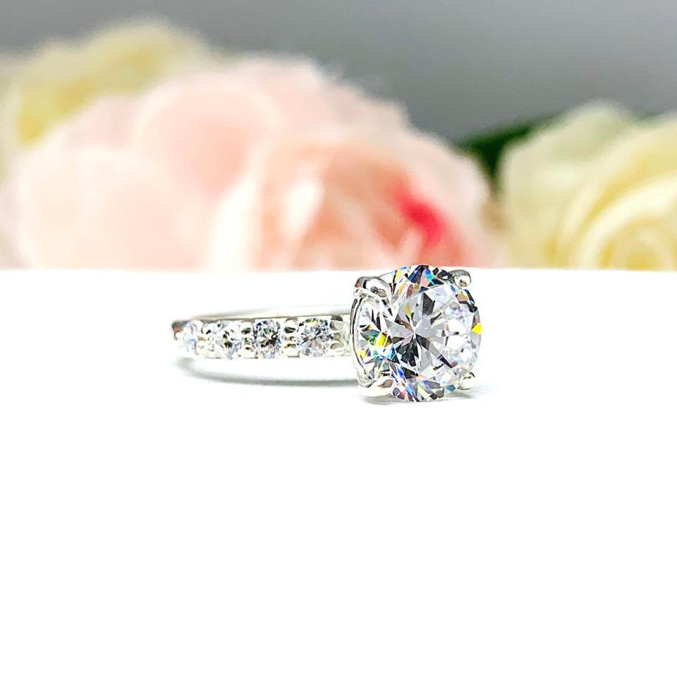 Round CZ Sterling Silver Pave Engagement Ring Optional Matching Band