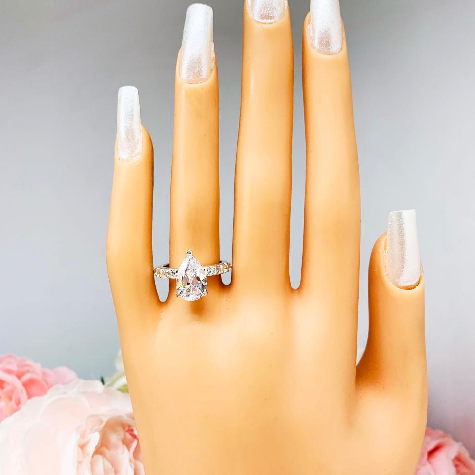 Pear CZ Pave Sterling Silver Engagement Ring Optional Matching Band