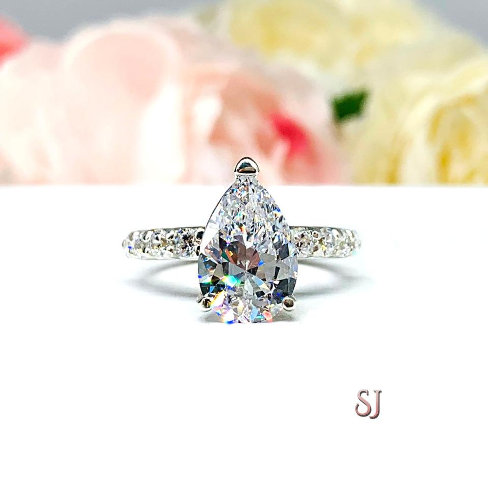 Pear CZ Pave Sterling Silver Engagement Ring Optional Matching Band