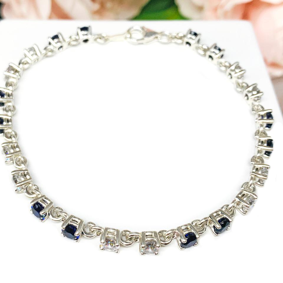 Lab Blue Sapphire CZ Sterling Silver Bracelet 4mm Round 7.5" Lobster Clasp