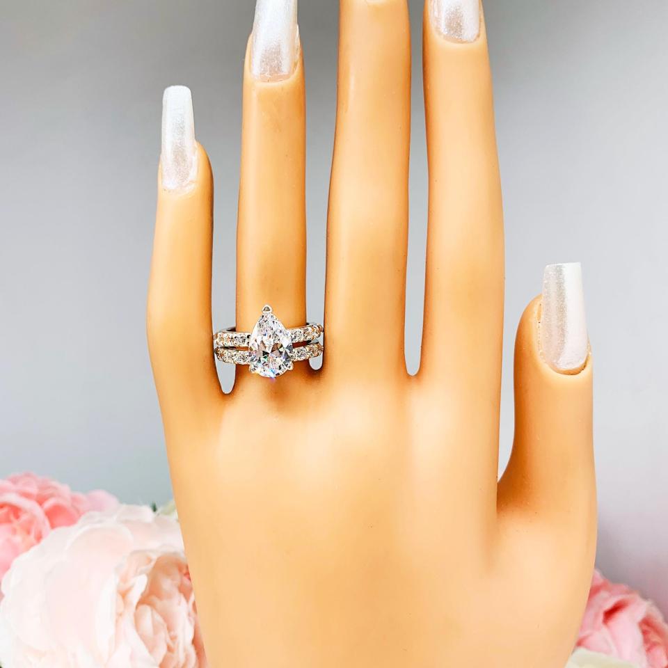 Pear CZ Pave Sterling Silver Engagement Ring Optional Matching Band