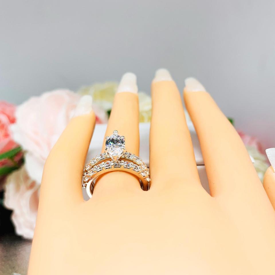 Marquise CZ Pave Engagement Ring Sterling Silver Ring Set Optional Matching Band