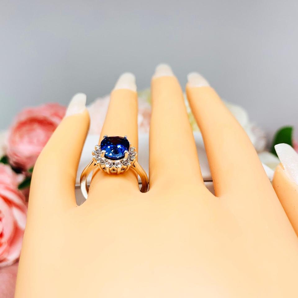 Lab Blue Sapphire Oval CZ Halo Ring Princess Diana and Catherine Ring