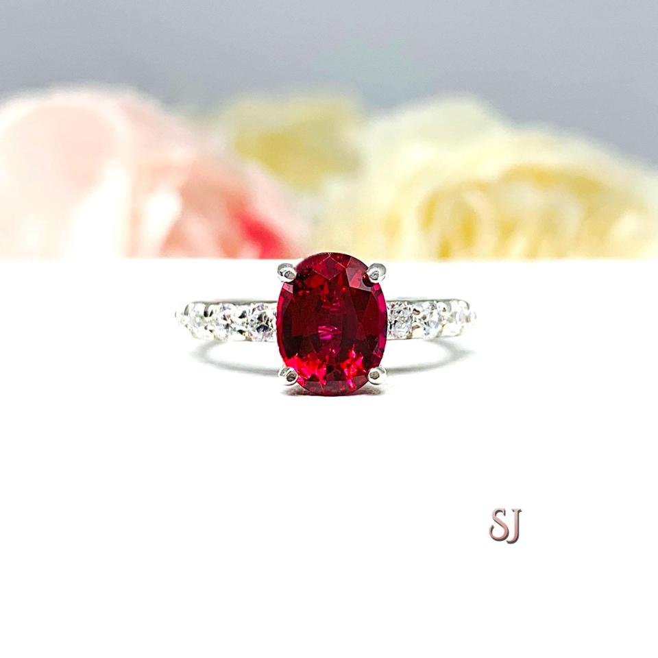 Lab Ruby Oval Engagement Ring CZ Pave Accents Sterling Silver Optional Matching Band