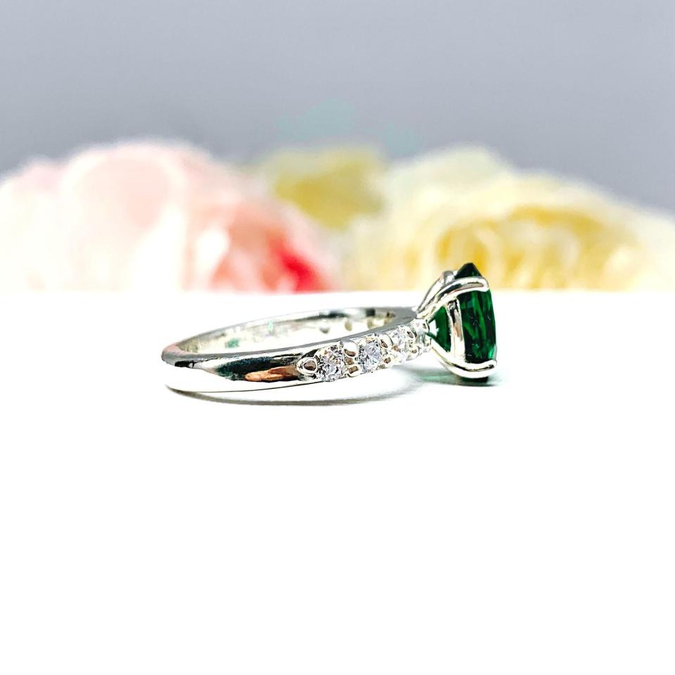 Lab Created Emerald Oval Engagement Ring - Round CZ Pave Accents - Sterling Silver - Optional Matching Band