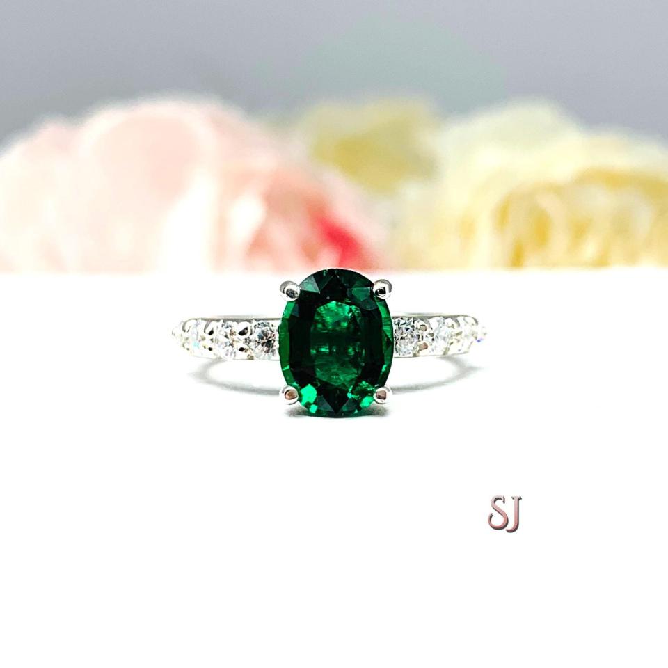 Lab Created Emerald Oval Engagement Ring - Round CZ Pave Accents - Sterling Silver - Optional Matching Band