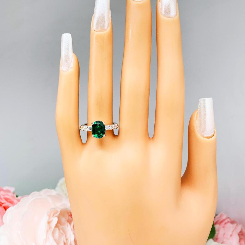 Lab Created Emerald Oval Engagement Ring - Round CZ Pave Accents - Sterling Silver - Optional Matching Band