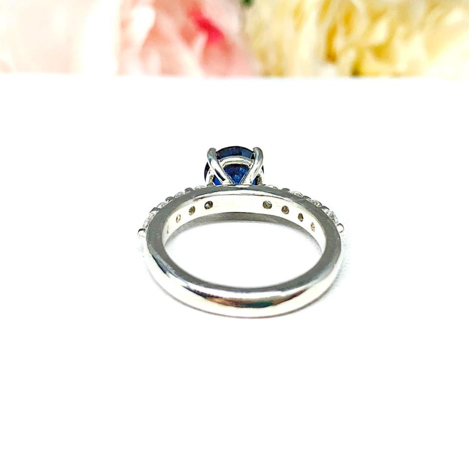 Lab Blue Sapphire Round Engagement Ring CZ Pave Accents Sterling Silver Optional Matching Band