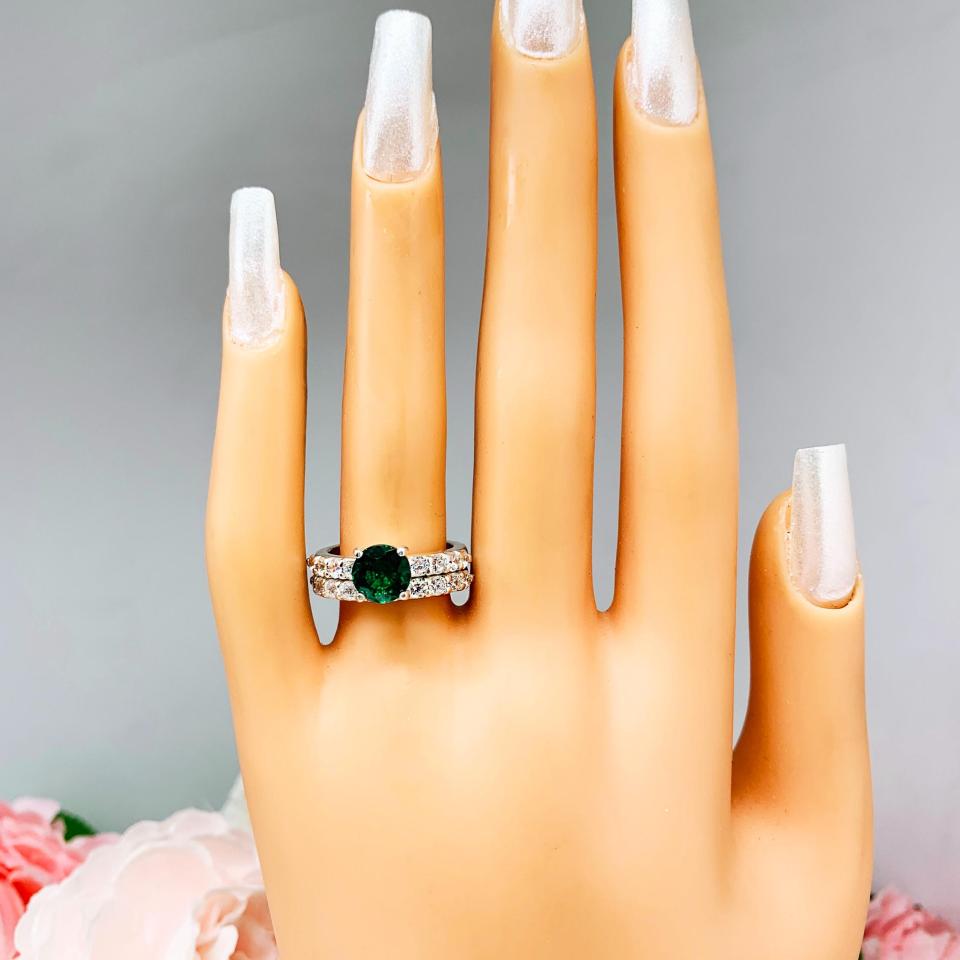 Lab Created Emerald Engagement Ring -  Round CZ Pave Accents -  Sterling Silver - Optional Matching Band