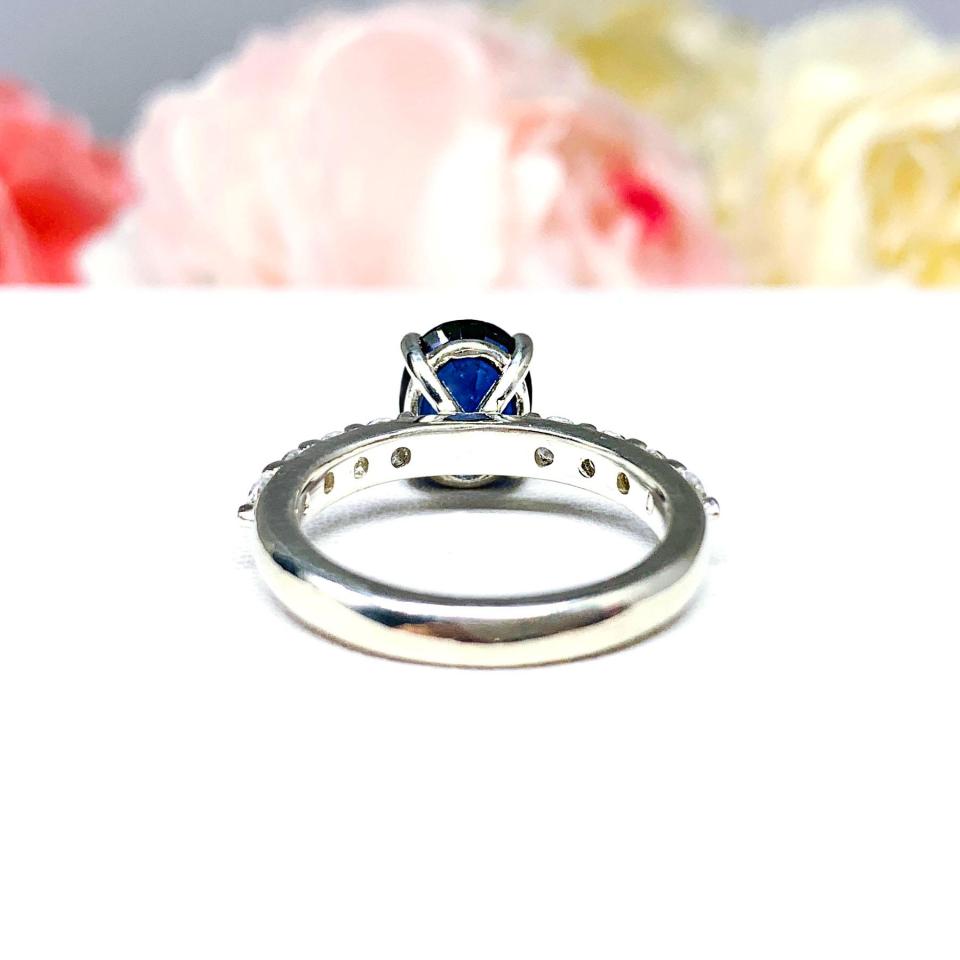 Lab Blue Sapphire Oval Engagement Ring CZ Pave Accents Sterling Silver Optional Matching Band