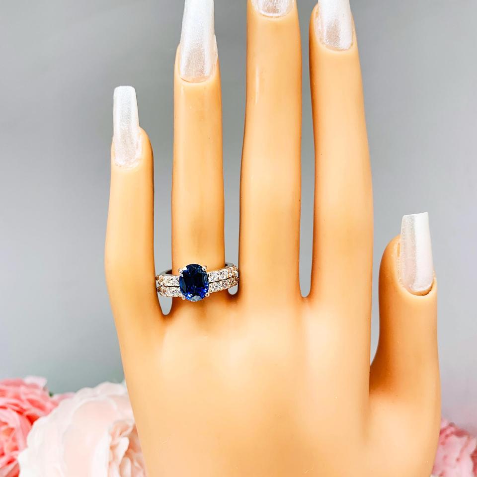 Lab Blue Sapphire Oval Engagement Ring CZ Pave Accents Sterling Silver Optional Matching Band