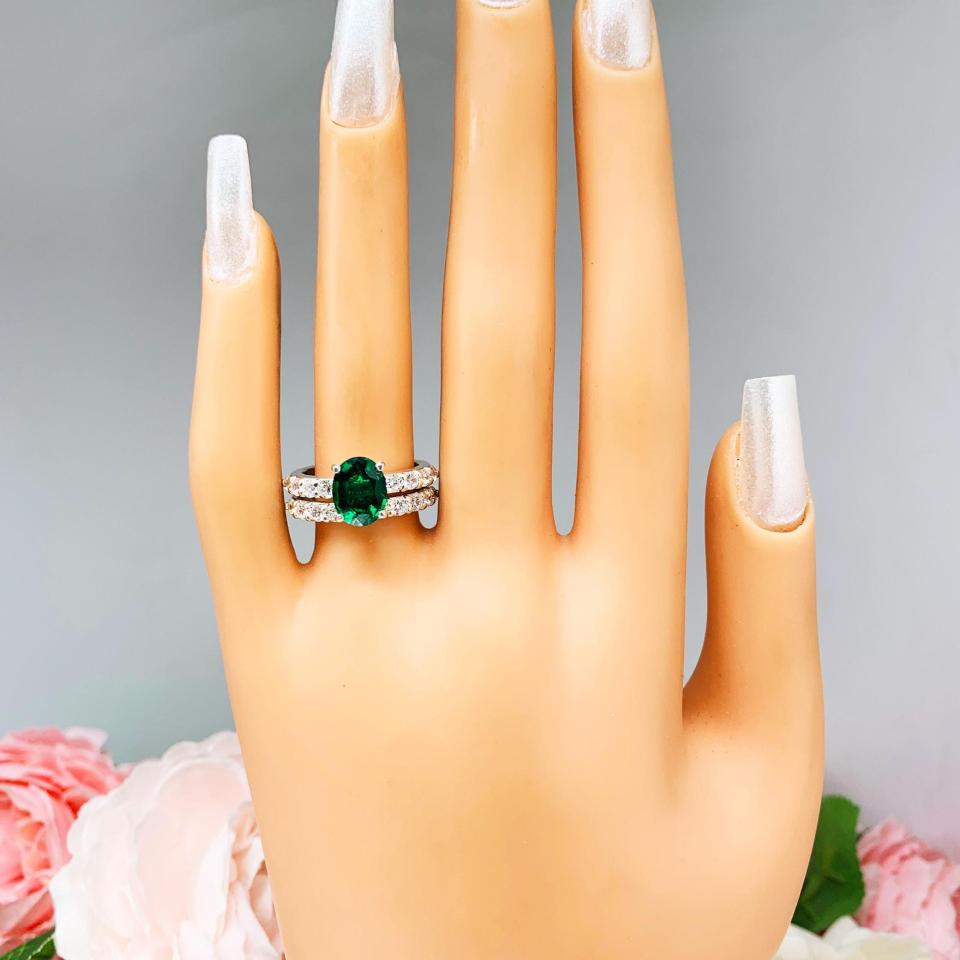 Lab Created Emerald Oval Engagement Ring - Round CZ Pave Accents - Sterling Silver - Optional Matching Band