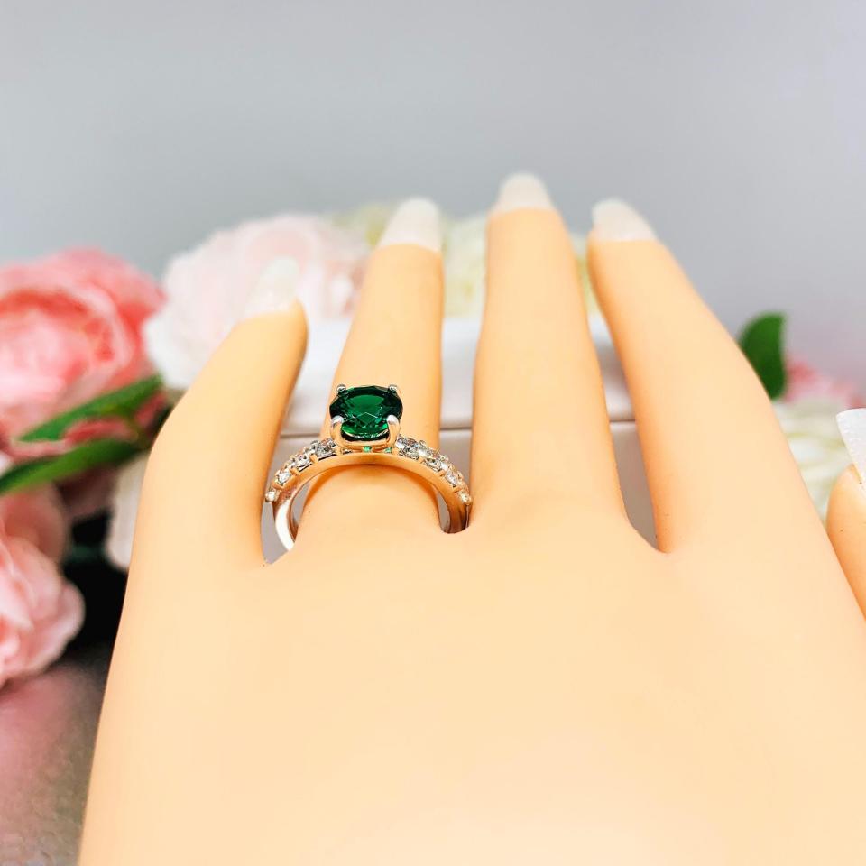 Lab Created Emerald Engagement Ring -  Round CZ Pave Accents -  Sterling Silver - Optional Matching Band