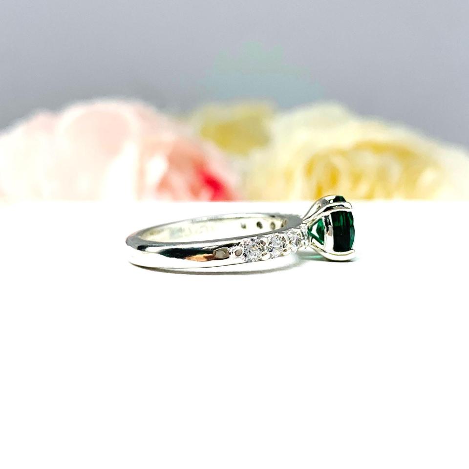 Lab Created Emerald Engagement Ring -  Round CZ Pave Accents -  Sterling Silver - Optional Matching Band
