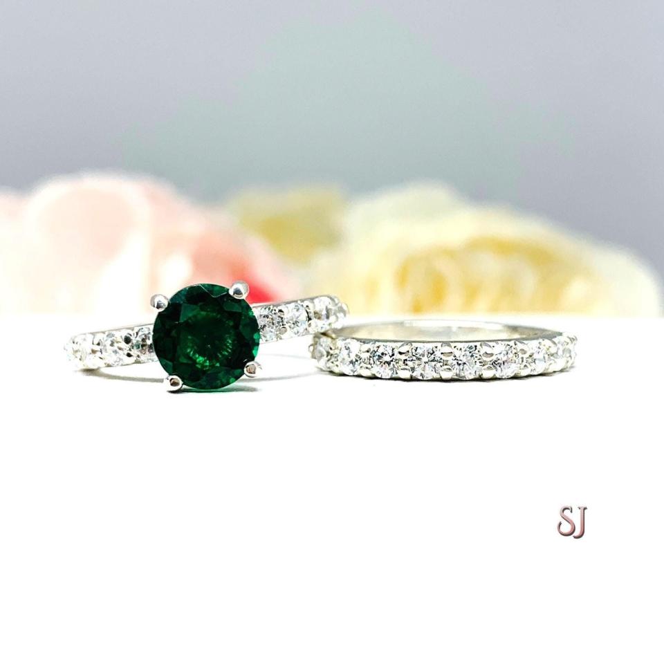 Lab Created Emerald Engagement Ring -  Round CZ Pave Accents -  Sterling Silver - Optional Matching Band
