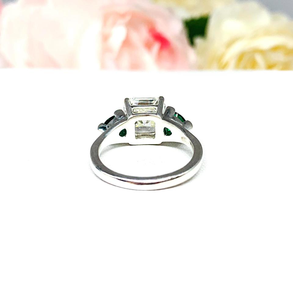 Asscher CZ Lab Created Emerald Engagement Ring - 3 Stone - Emerald Trillion Side Stones - Sterling Silver